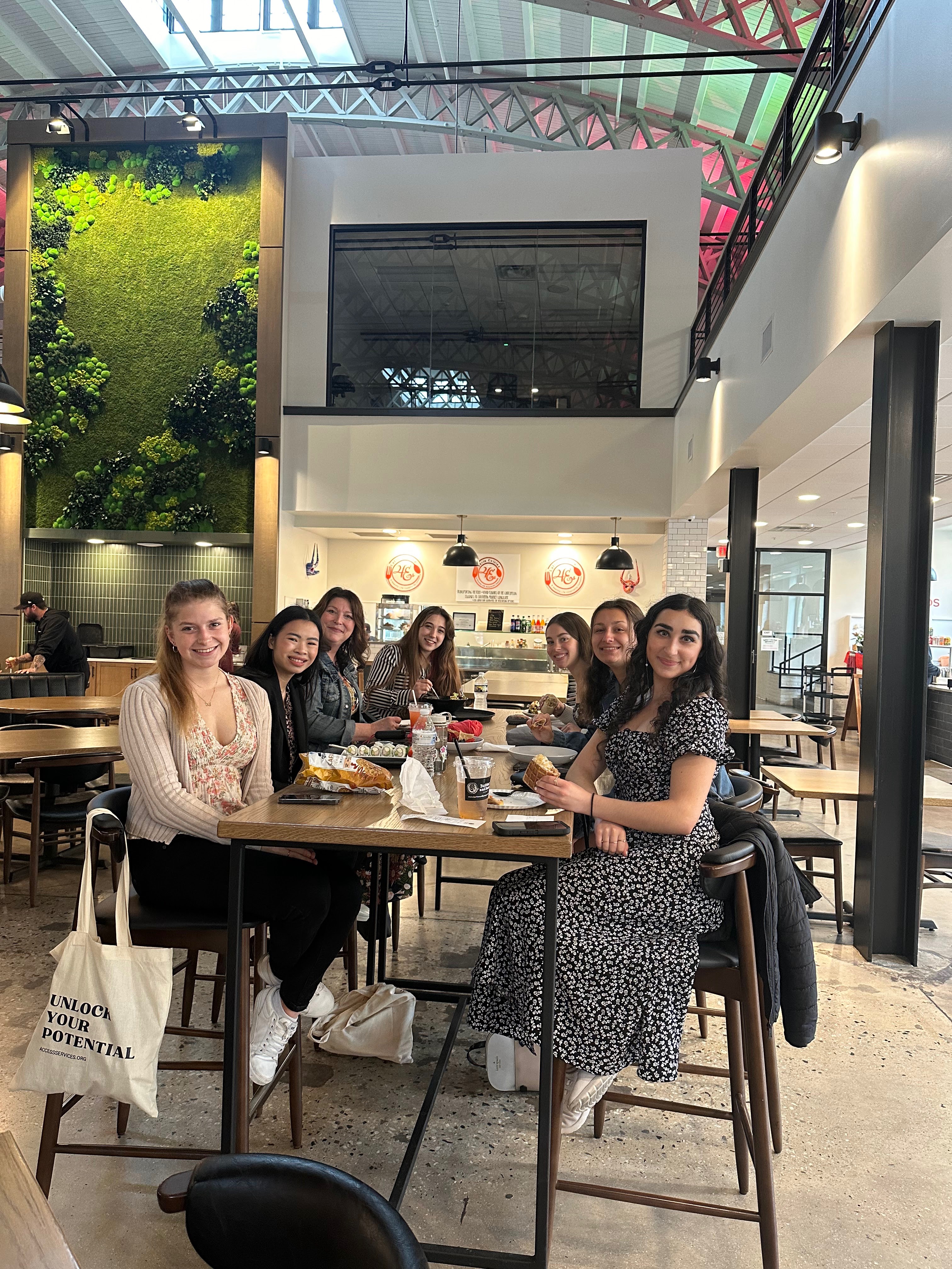 Female students sitting at tall table in building