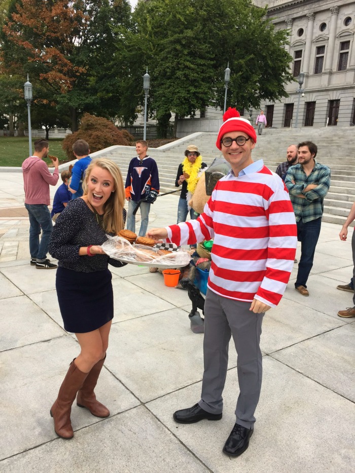 Alumna Heather Thomas with employee dressed as Where's Waldo?
